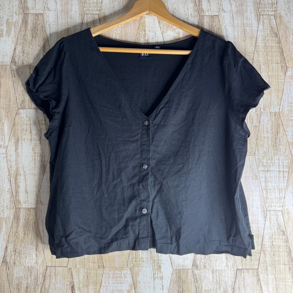 Gap Womens XL Black Linen Blend Cropped V-Neck Short Sleeve‎ Blouse Top